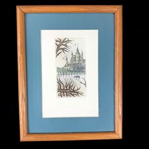 Signed Framed RH Badeau Print Enchanted Unicorn Castle Trees Oak Frame